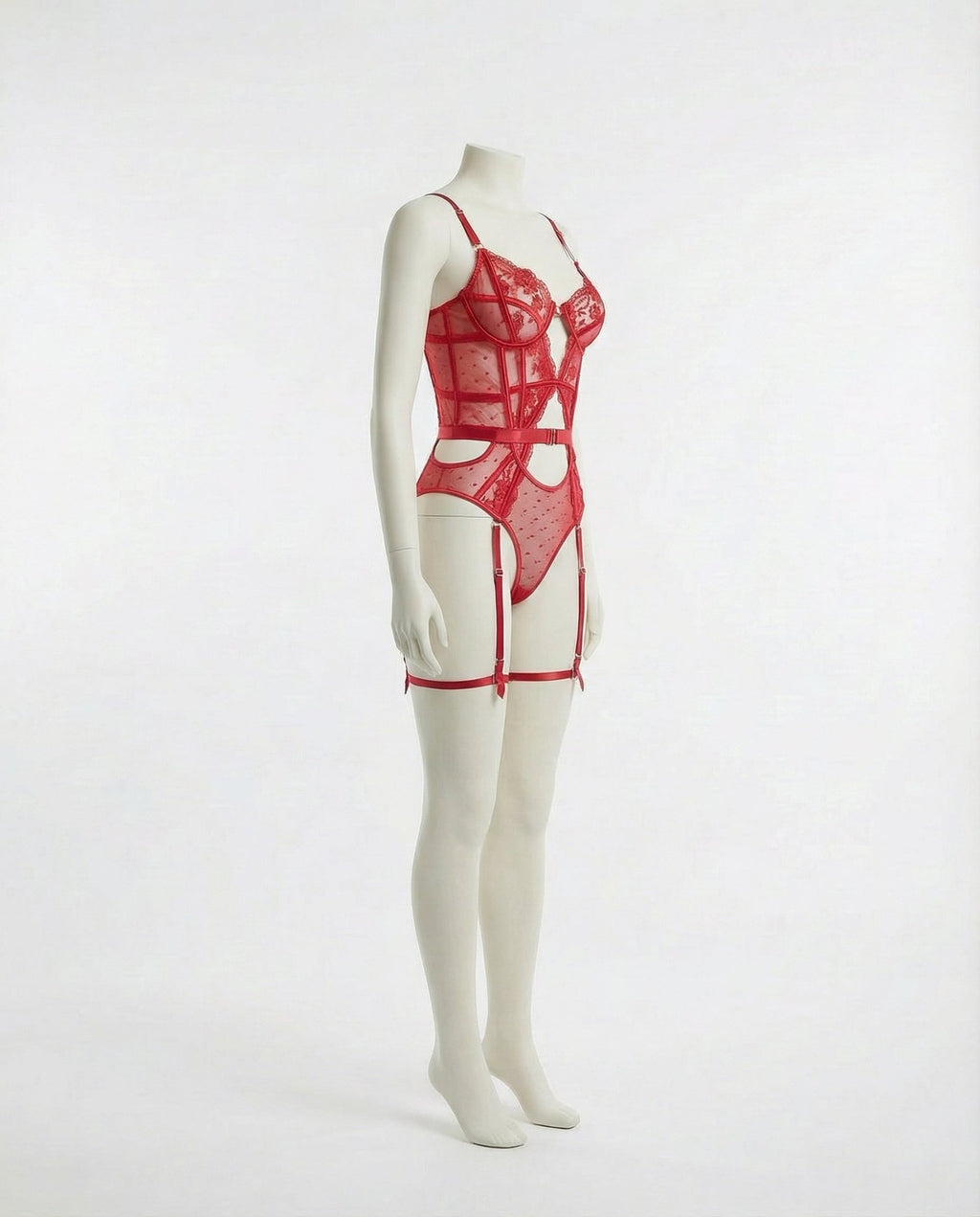 Red Lace And Mesh Bodysuit With Garter Straps - Marelia
