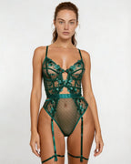 Green Lace And Mesh Bodysuit With Garter Straps - MARELIA