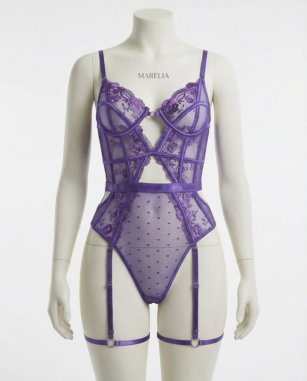 Purple Lace And Mesh Bodysuit With Garter Straps - Marelia