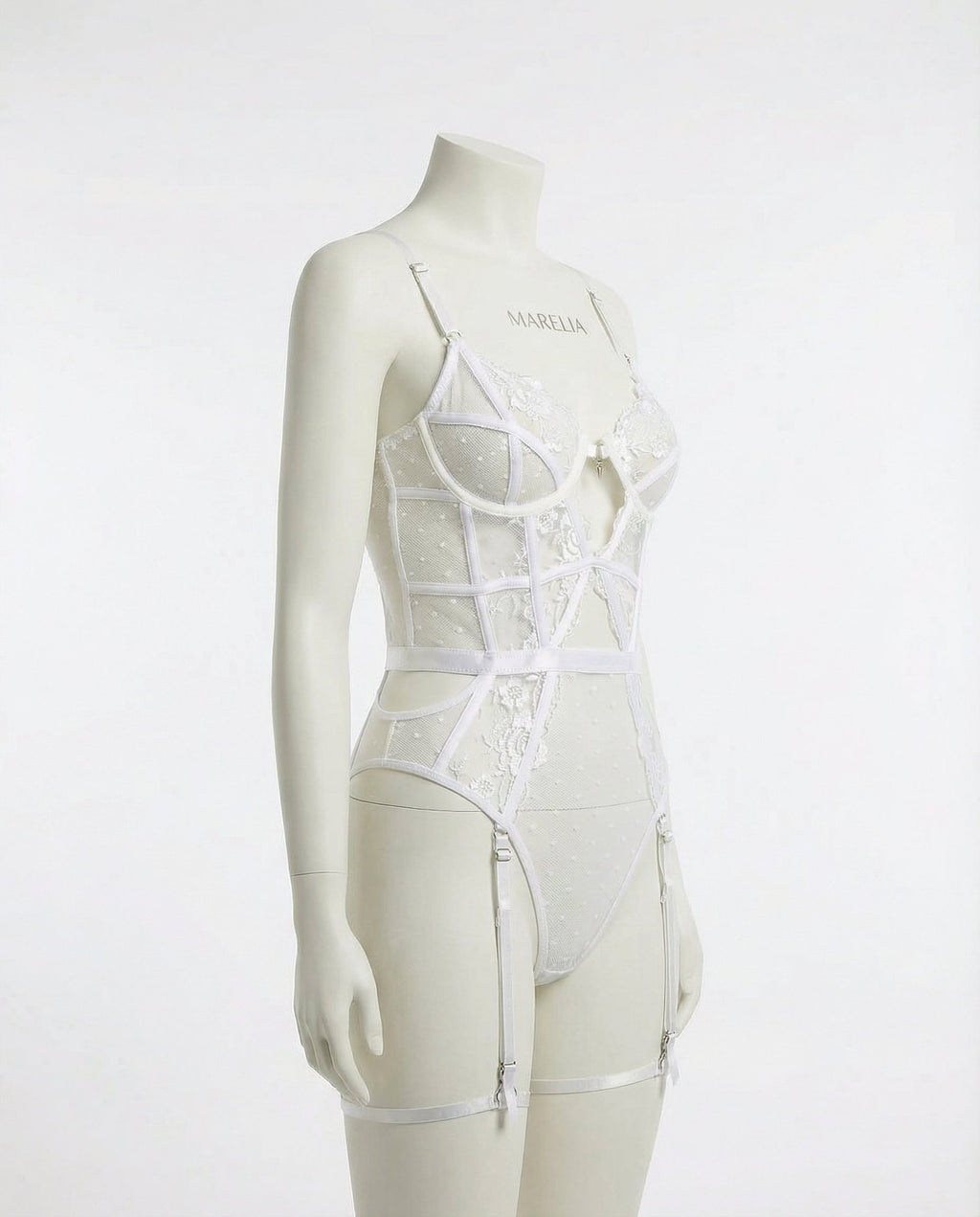 White Lace And Mesh Bodysuit With Garter Straps - Marelia