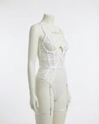 White Lace And Mesh Bodysuit With Garter Straps - Marelia