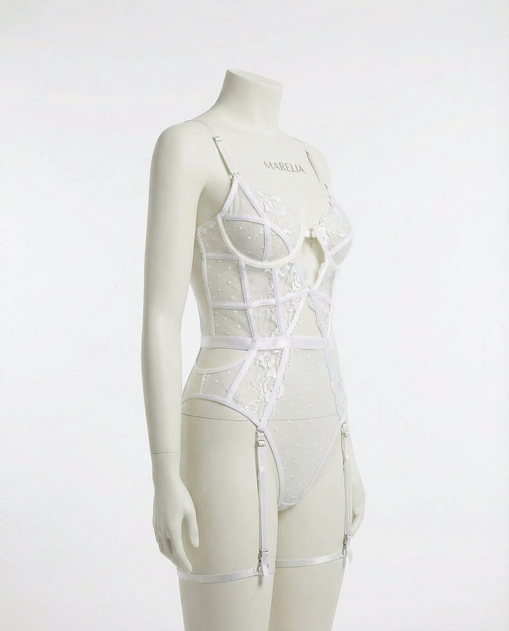 White Lace And Mesh Bodysuit With Garter Straps - Marelia