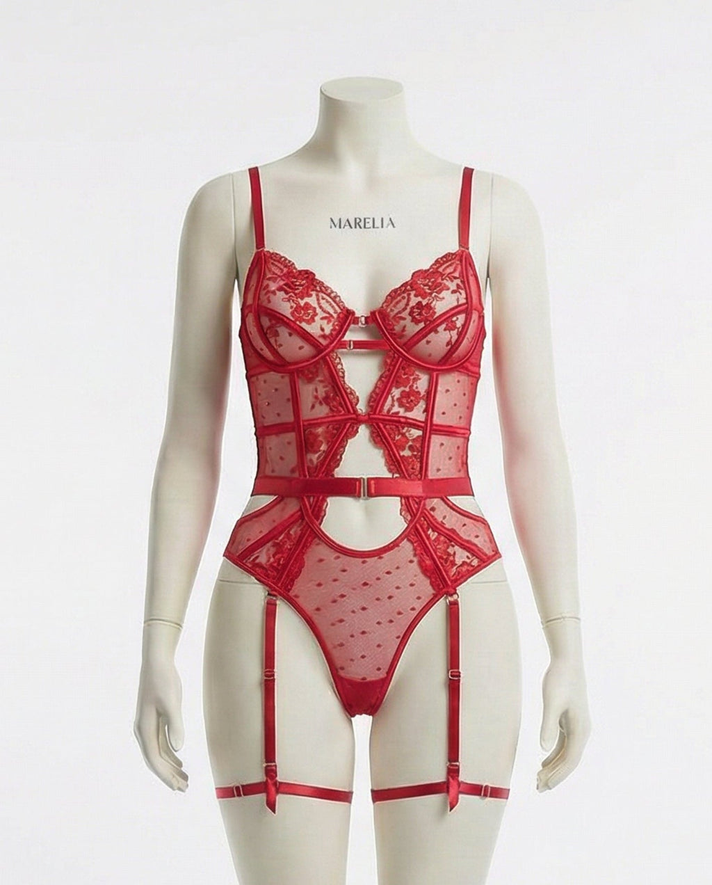 Red Lace And Mesh Bodysuit With Garter Straps - Marelia