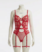 Red Lace And Mesh Bodysuit With Garter Straps - Marelia