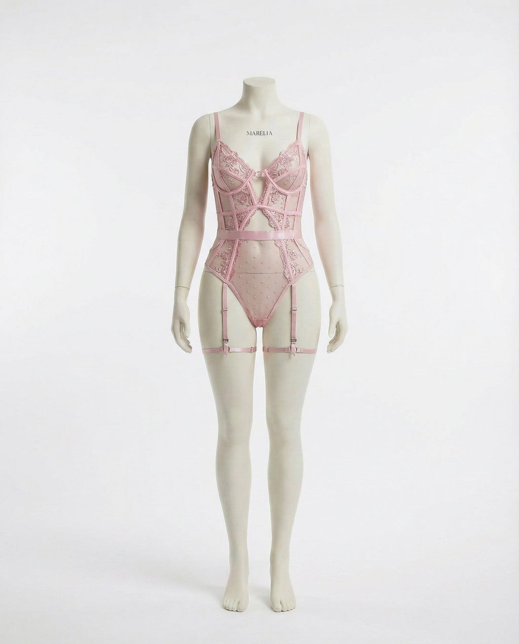 Pink Lace And Mesh Bodysuit With Garter Straps - Marelia