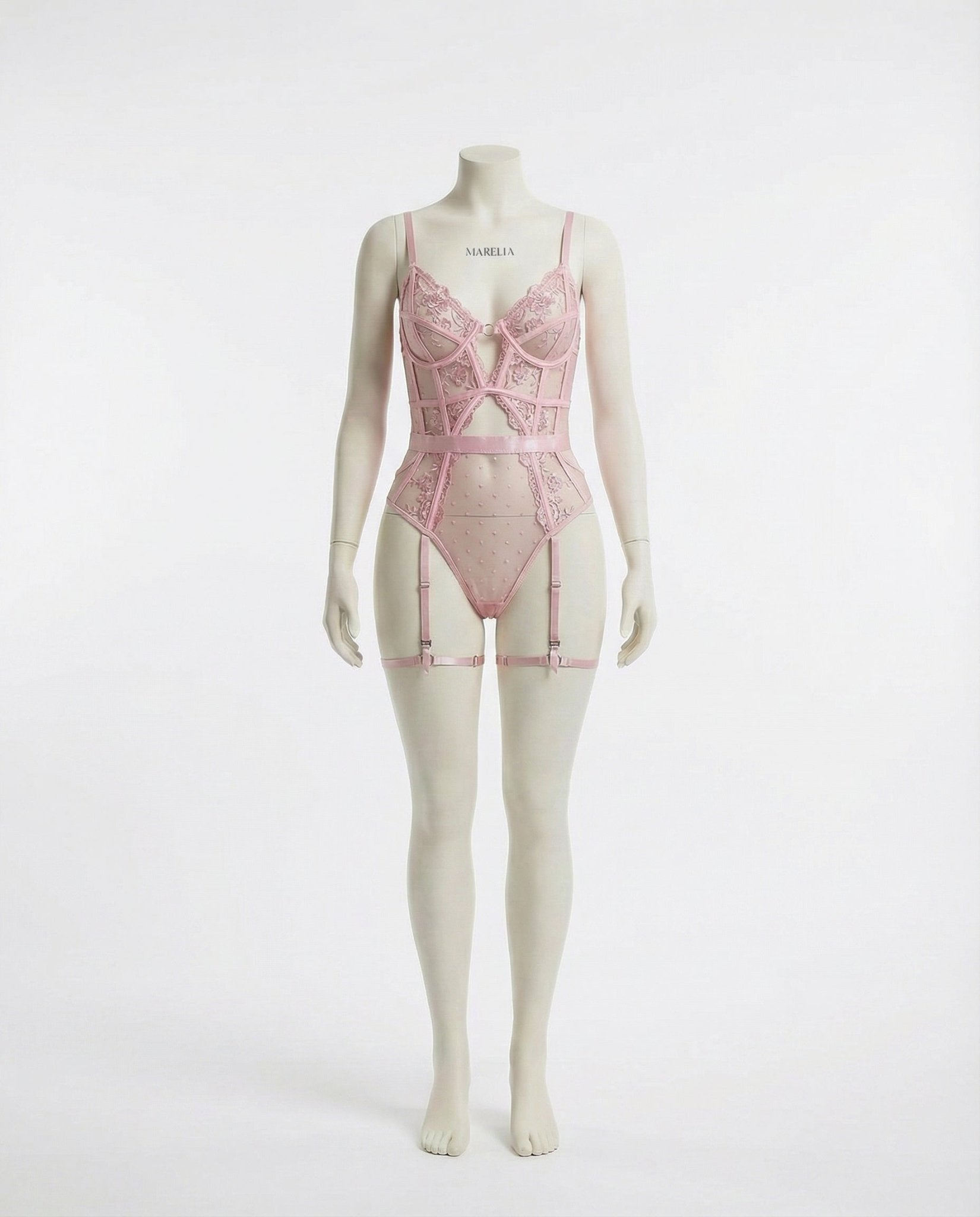 Pink Lace And Mesh Bodysuit With Garter Straps - Marelia