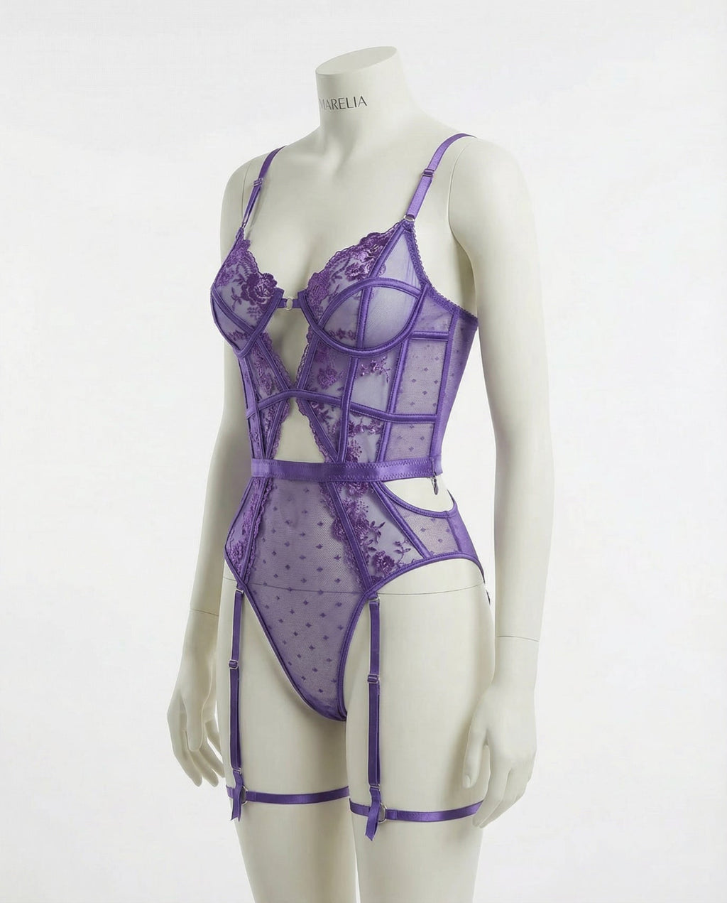 Purple Lace And Mesh Bodysuit With Garter Straps - Marelia
