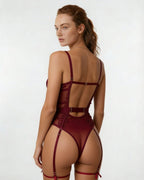 Burgundy Lace And Mesh Bodysuit With Garter Straps - MARELIA