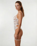 White Lace And Mesh Bodysuit With Garter Straps - Marelia