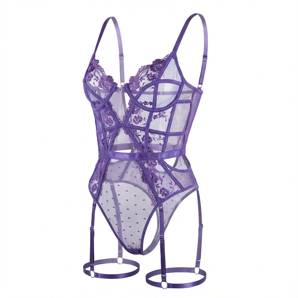 Purple Lace And Mesh Bodysuit With Garter Straps - Marelia