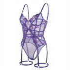 Purple Lace And Mesh Bodysuit With Garter Straps - Marelia