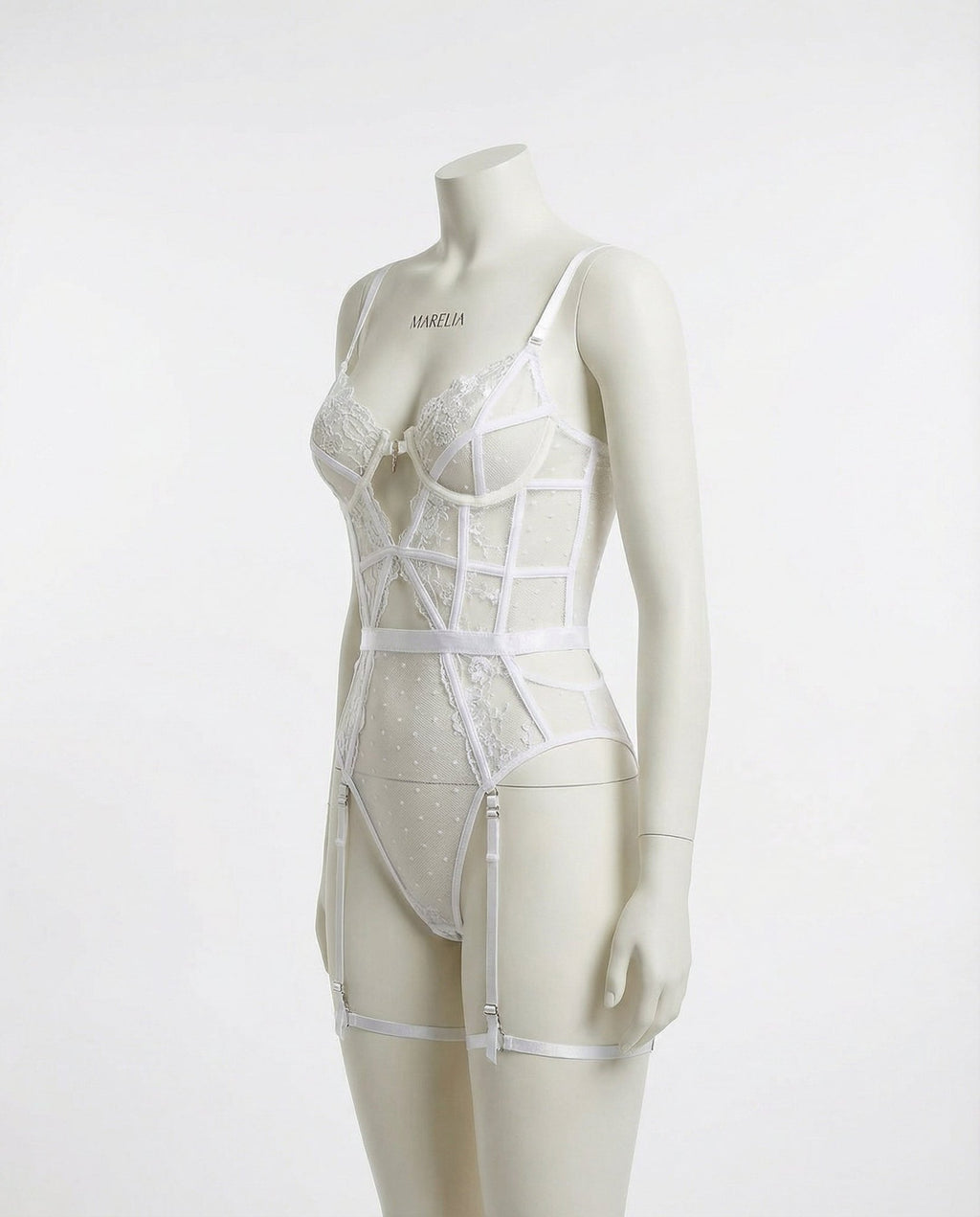 White Lace And Mesh Bodysuit With Garter Straps - Marelia