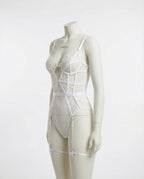 White Lace And Mesh Bodysuit With Garter Straps - Marelia