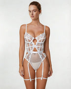 White Lace And Mesh Bodysuit With Garter Straps - Marelia