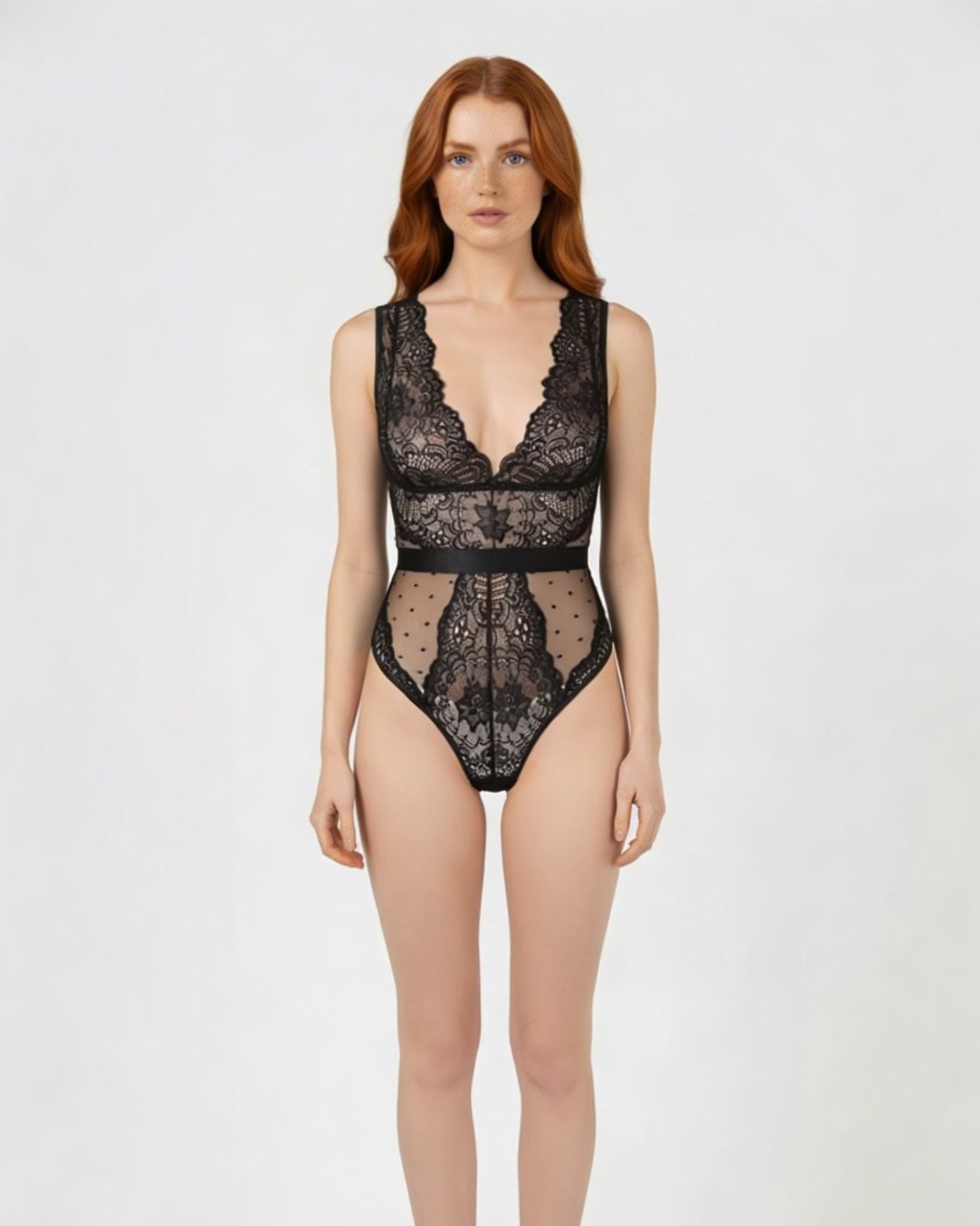 Black Lace And Mesh Bodysuit With Plunge Neckline - MARELIA