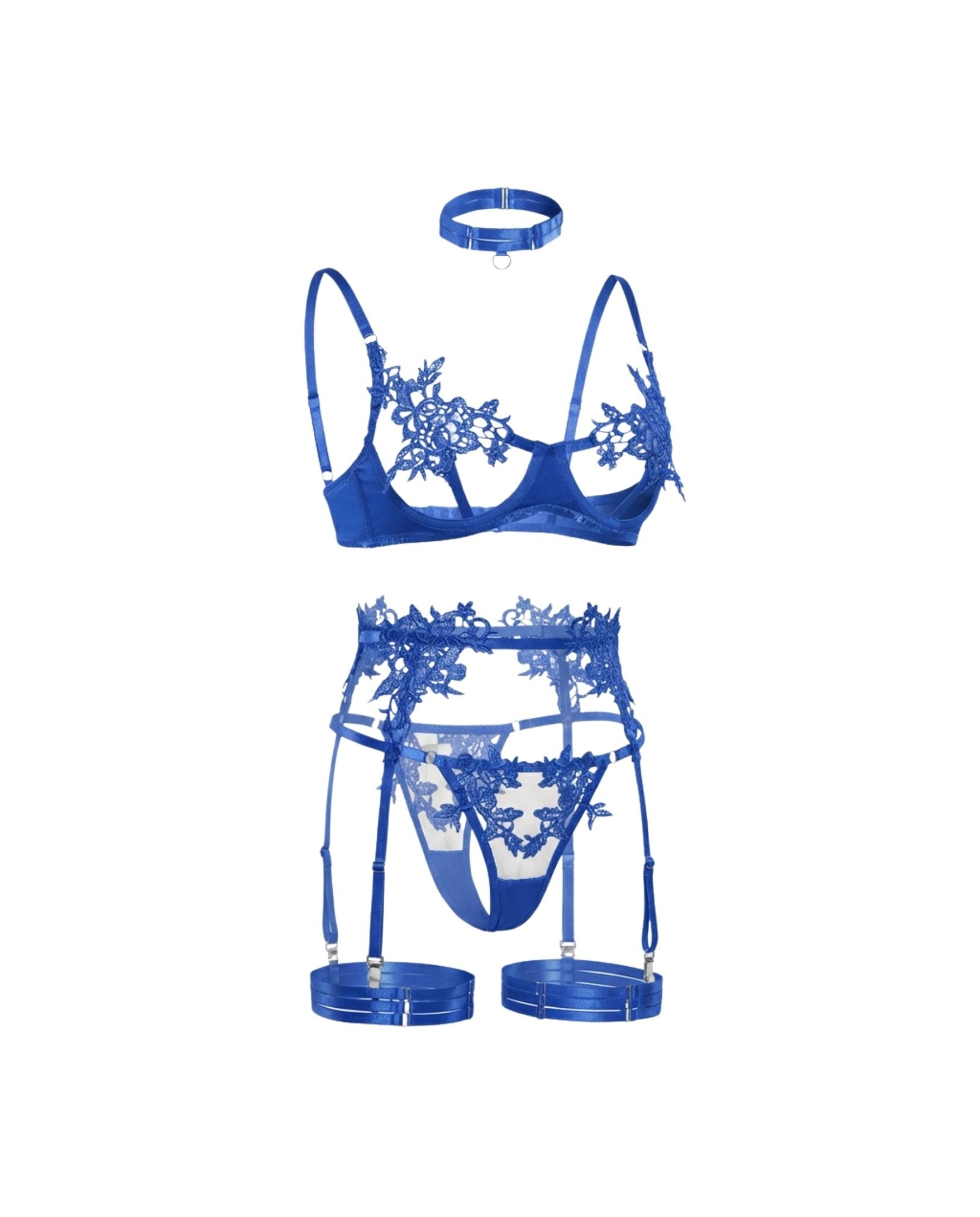 Blue Lace Appliqué Bra G-String And Suspender Set - Marelia