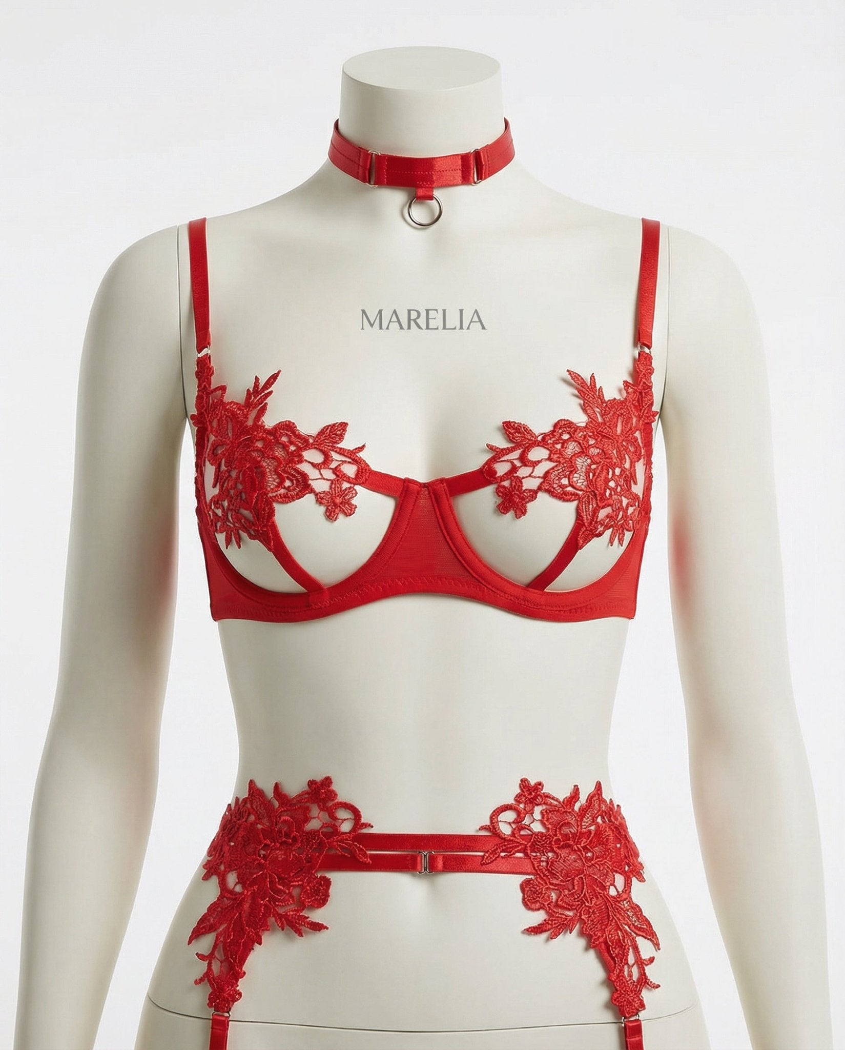 Red Lace Appliqué Bra G-String And Suspender Set - Marelia