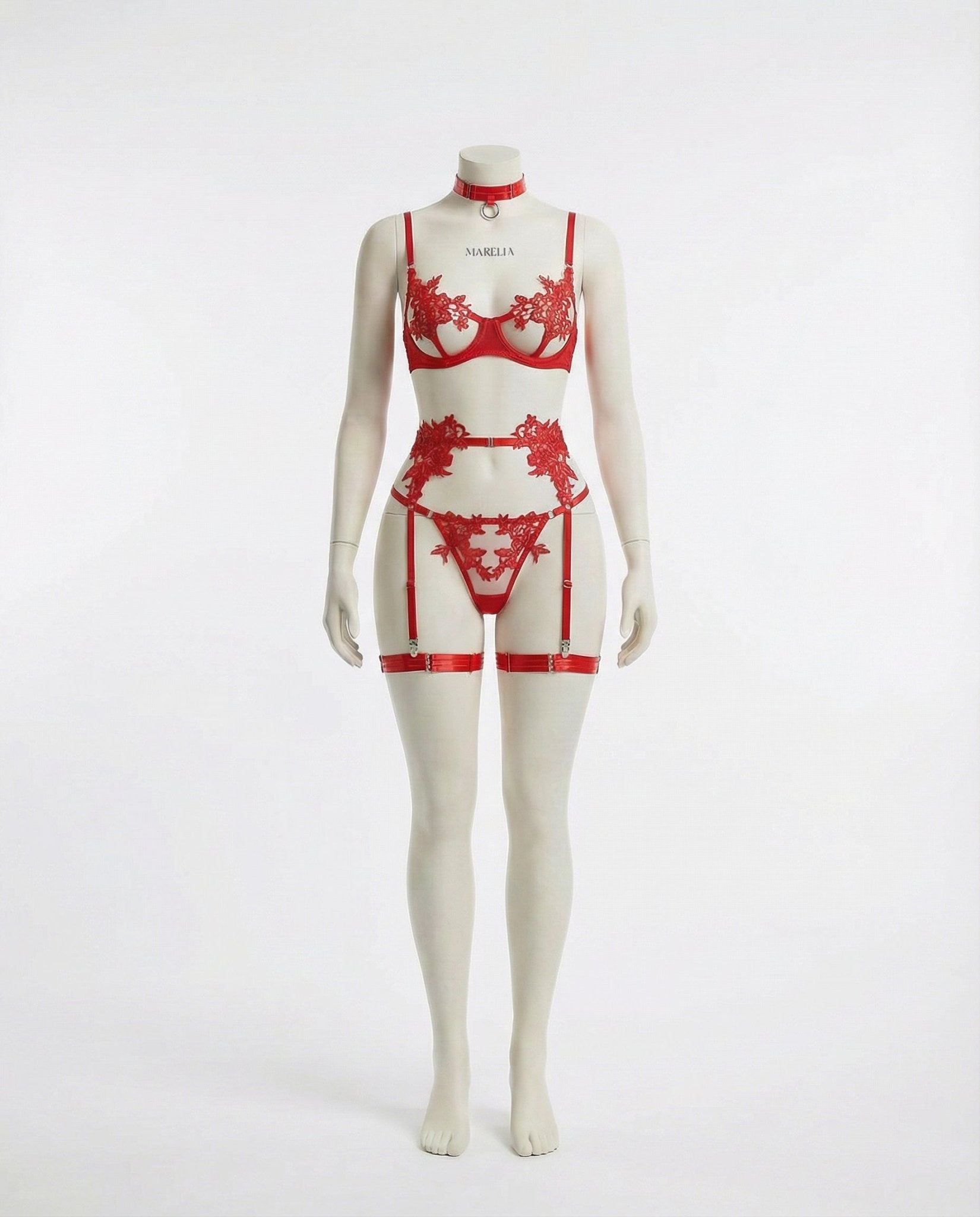 Red Lace Appliqué Bra G-String And Suspender Set - Marelia