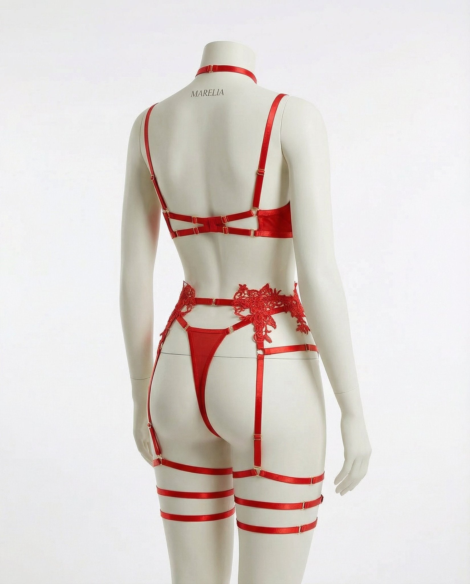 Red Lace Appliqué Bra G-String And Suspender Set - Marelia