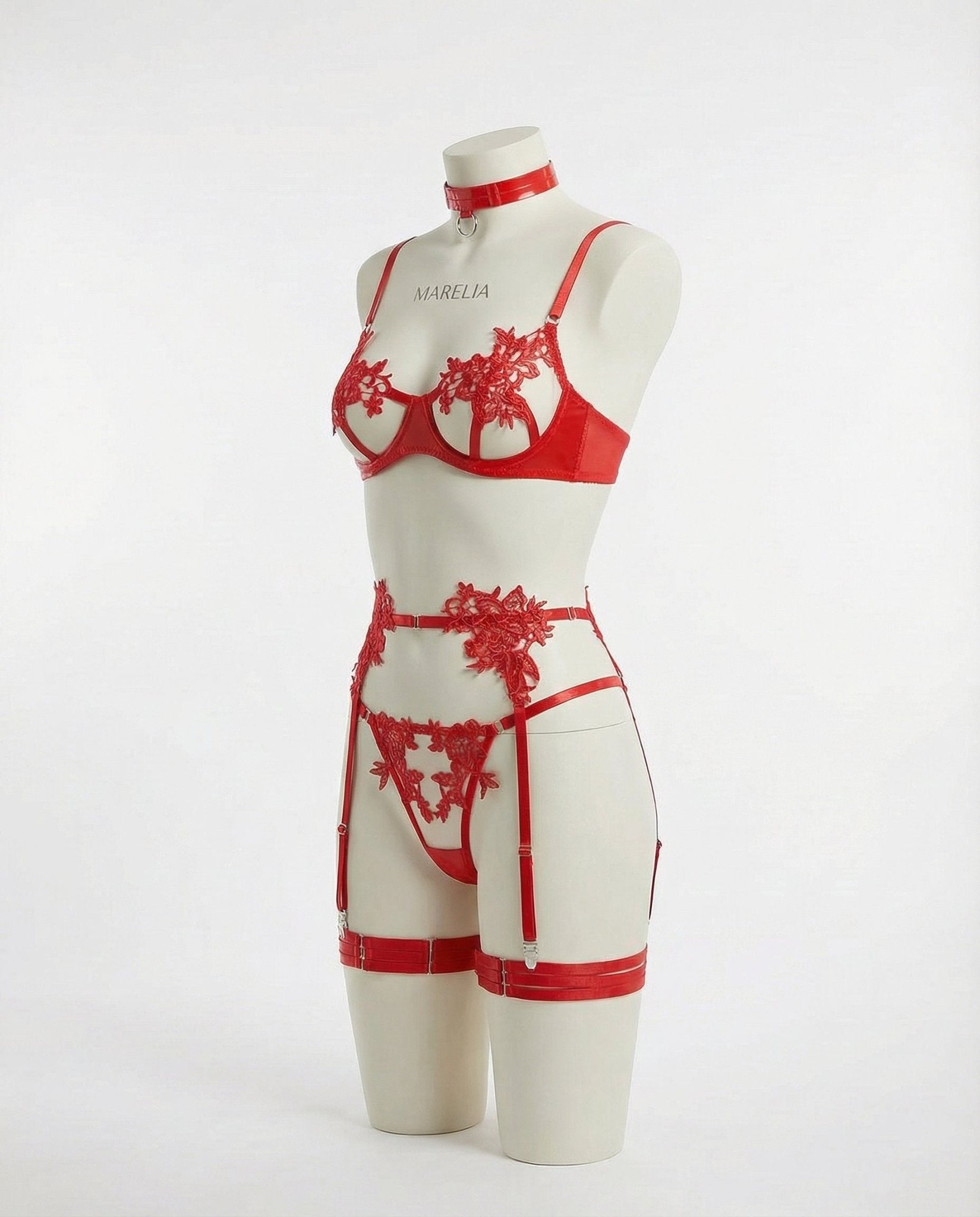 Red Lace Appliqué Bra G-String And Suspender Set - Marelia