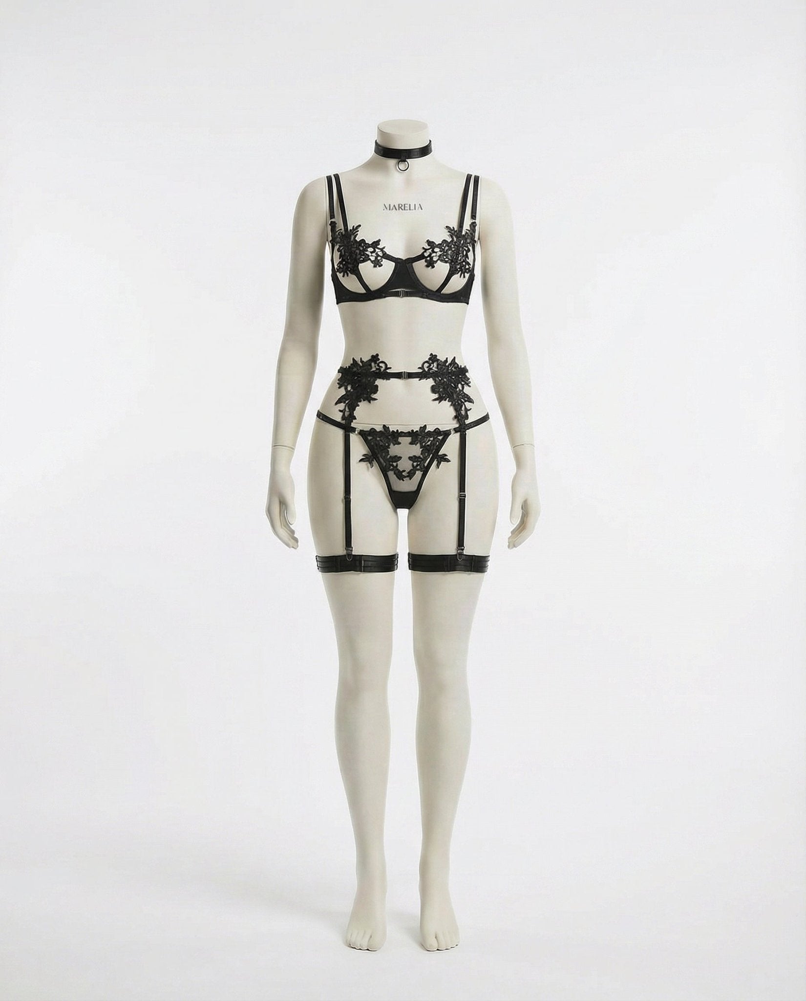 Black Lace Appliqué Bra G-String And Suspender Set - Marelia