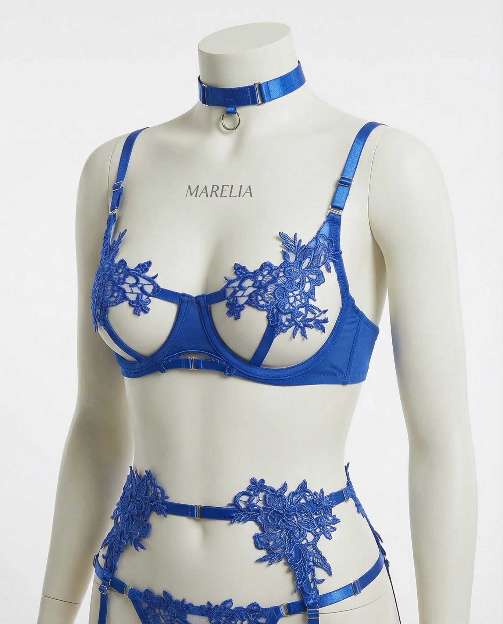 Blue Lace Appliqué Bra G-String And Suspender Set - Marelia