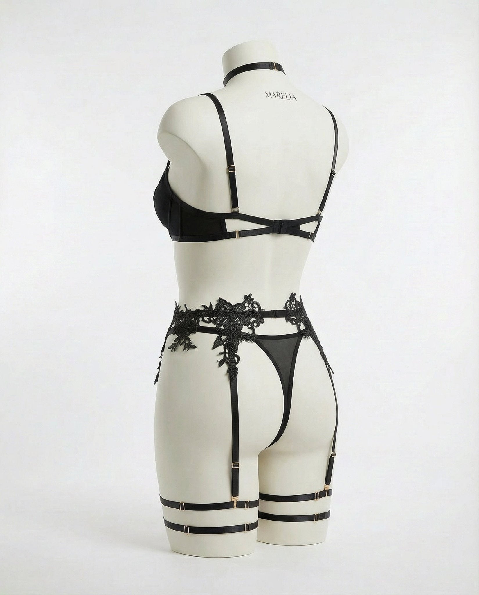 Black Lace Appliqué Bra G-String And Suspender Set - Marelia