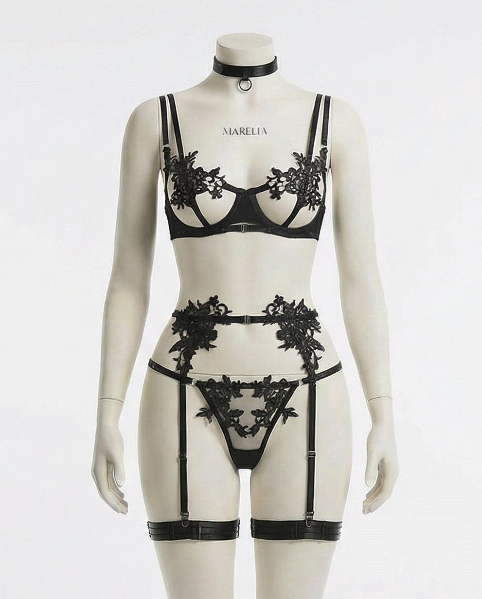 Black Lace Appliqué Bra G-String And Suspender Set - Marelia