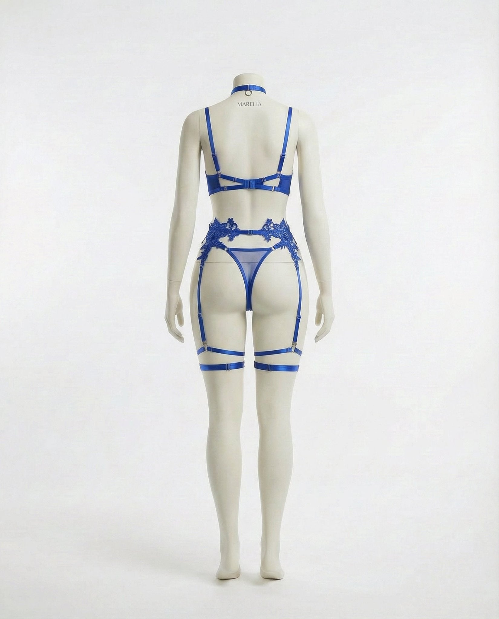 Blue Lace Appliqué Bra G-String And Suspender Set - Marelia