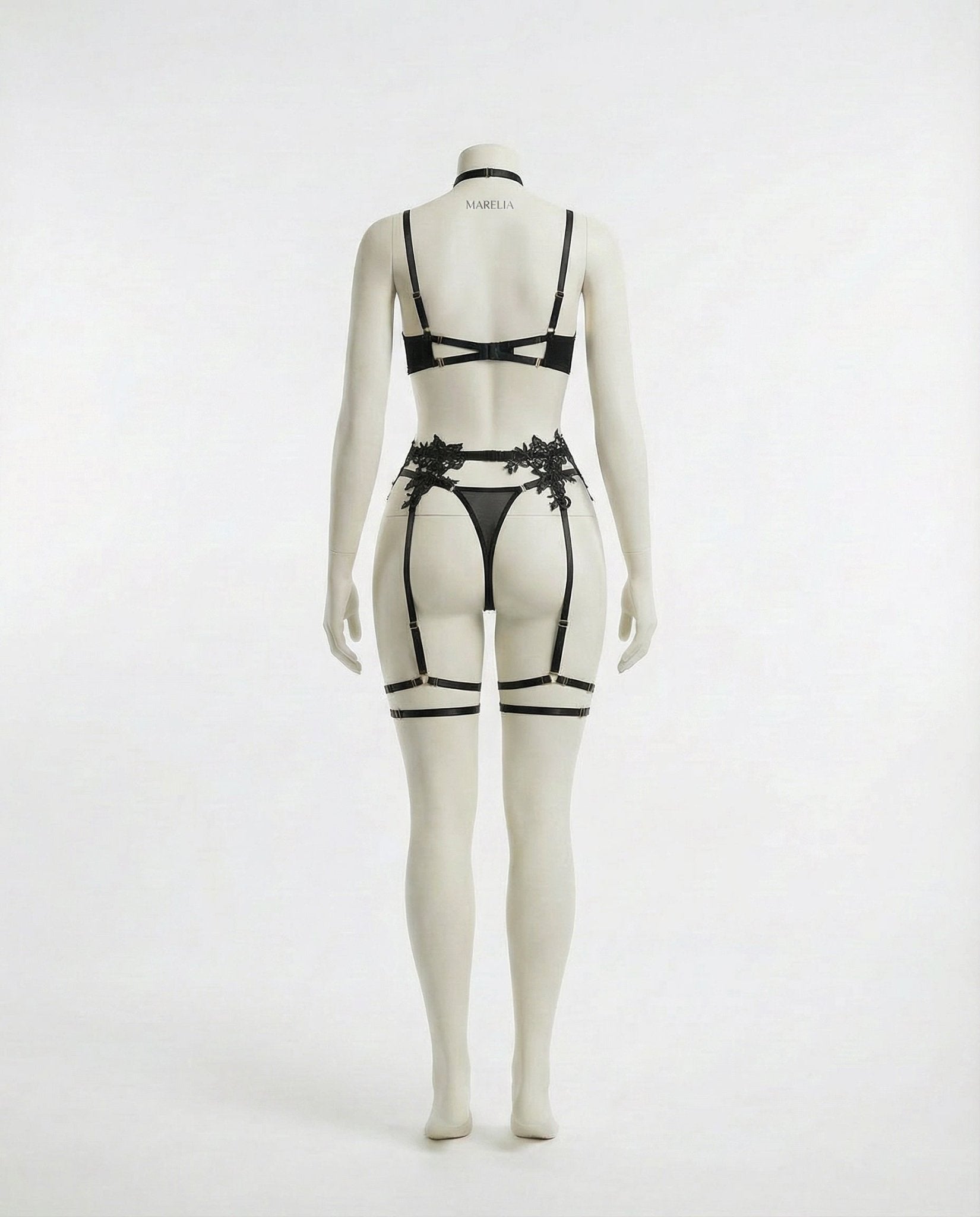 Black Lace Appliqué Bra G-String And Suspender Set - Marelia