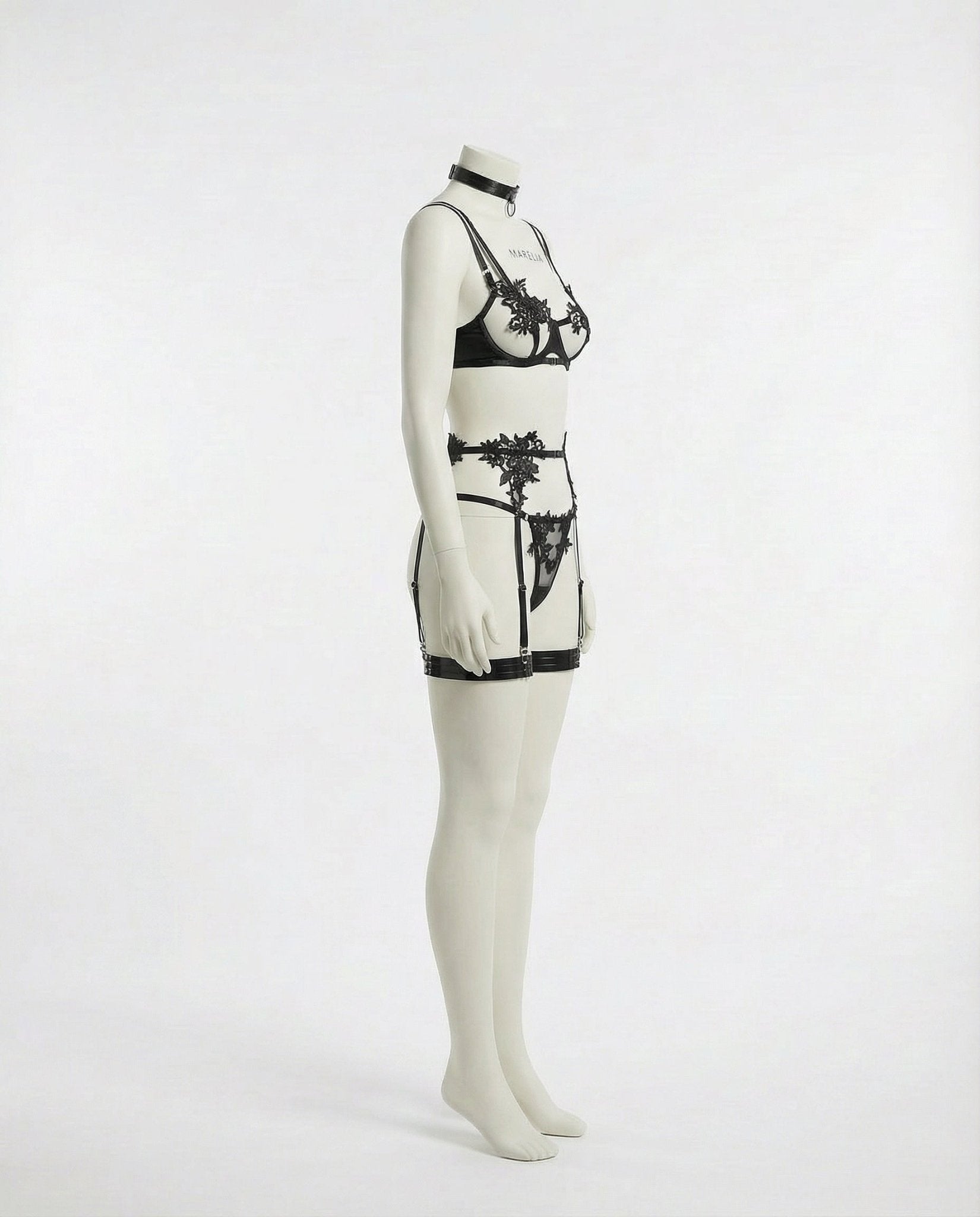 Black Lace Appliqué Bra G-String And Suspender Set - Marelia