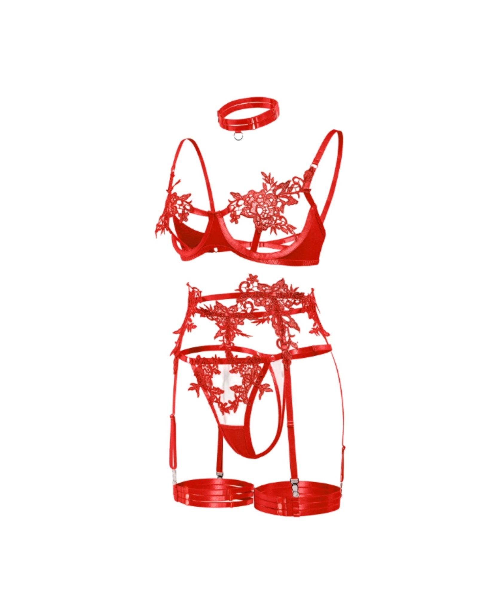 Red Lace Appliqué Bra G-String And Suspender Set - Marelia