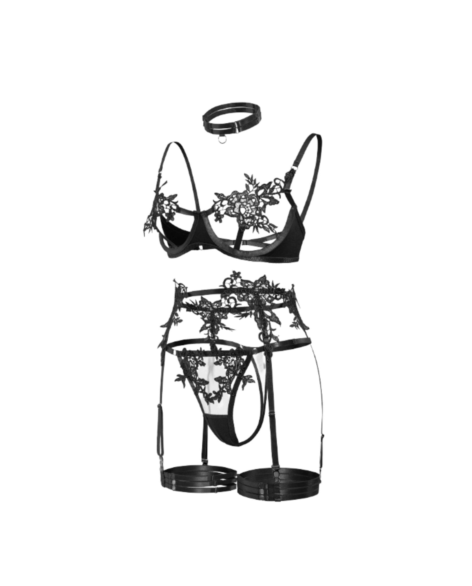 Black Lace Appliqué Bra G-String And Suspender Set - Marelia