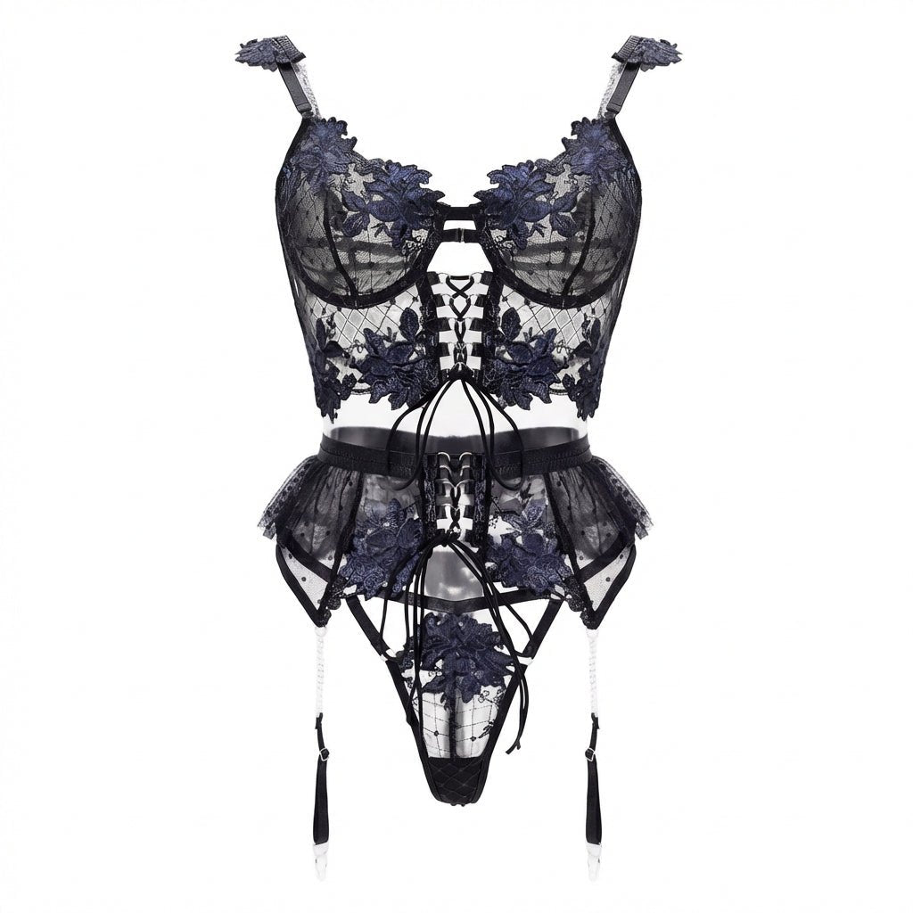 Black Lace Appliqué Bra Suspender Belt And G-String Set - Marelia