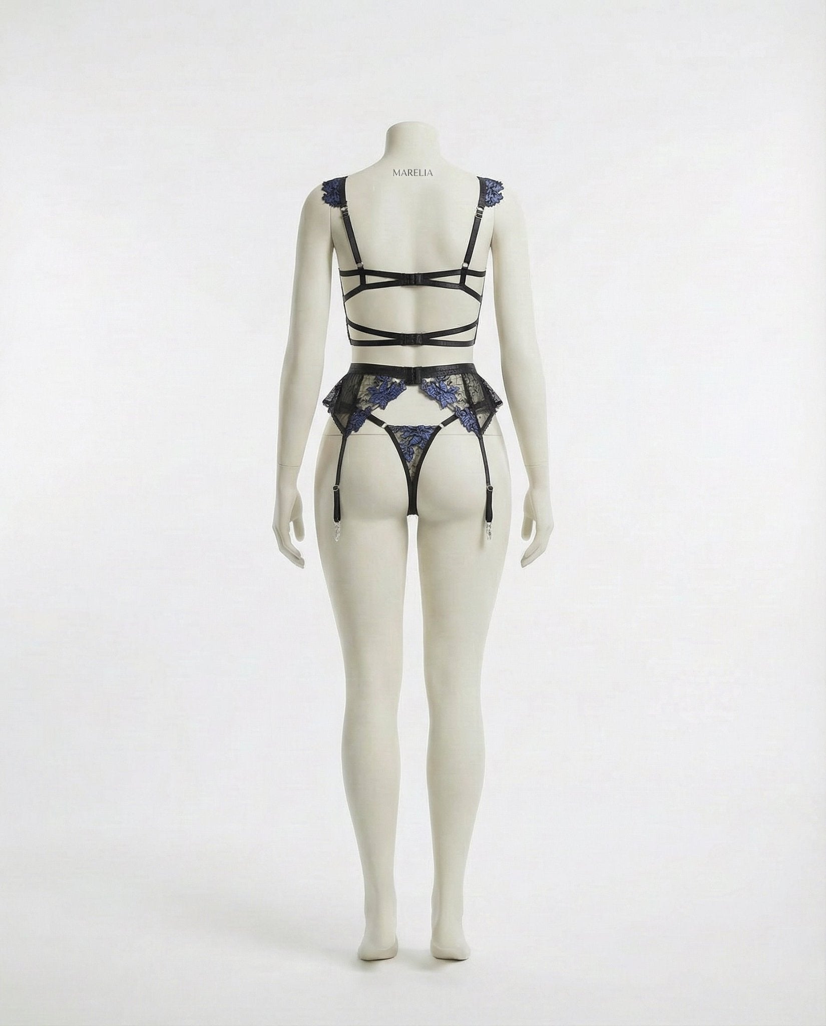 Black Lace Appliqué Bra Suspender Belt And G-String Set - Marelia