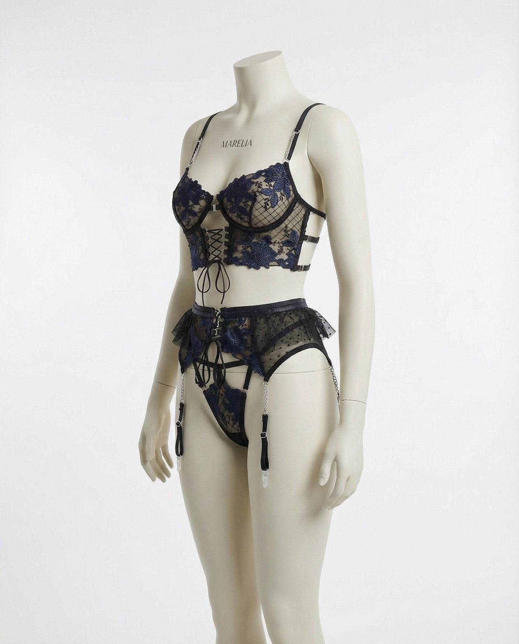 Black Lace Appliqué Bra Suspender Belt And G-String Set - Marelia