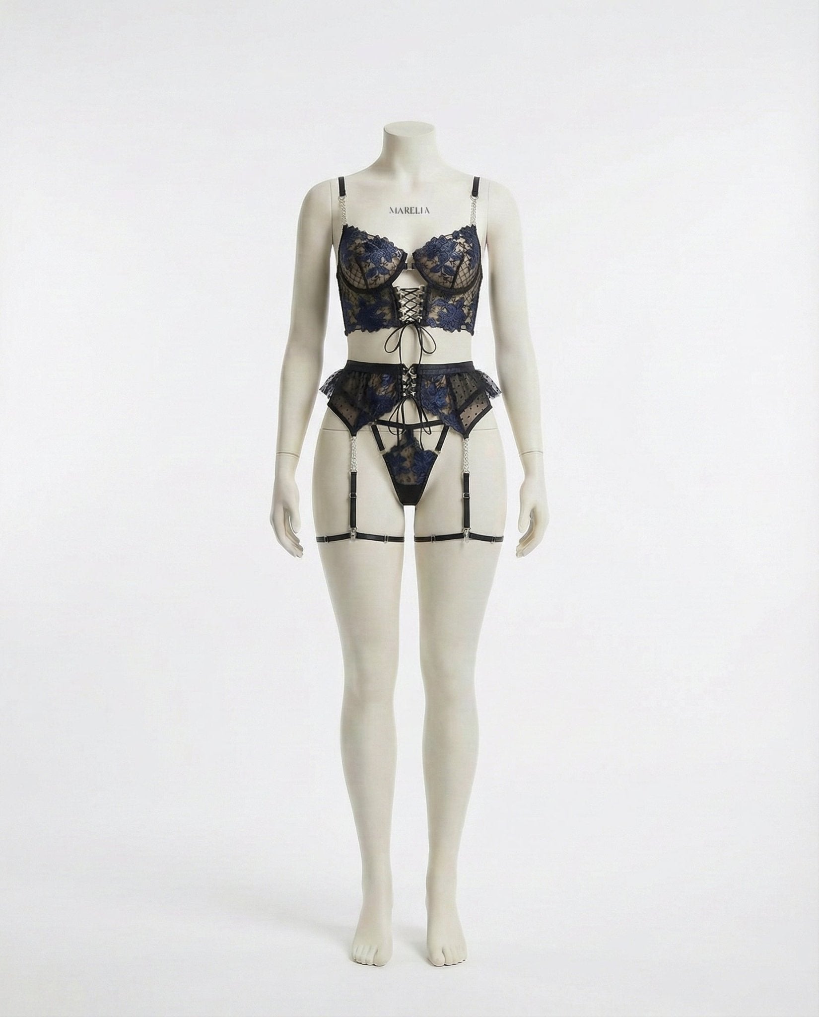 Black Lace Appliqué Bra Suspender Belt And G-String Set - Marelia