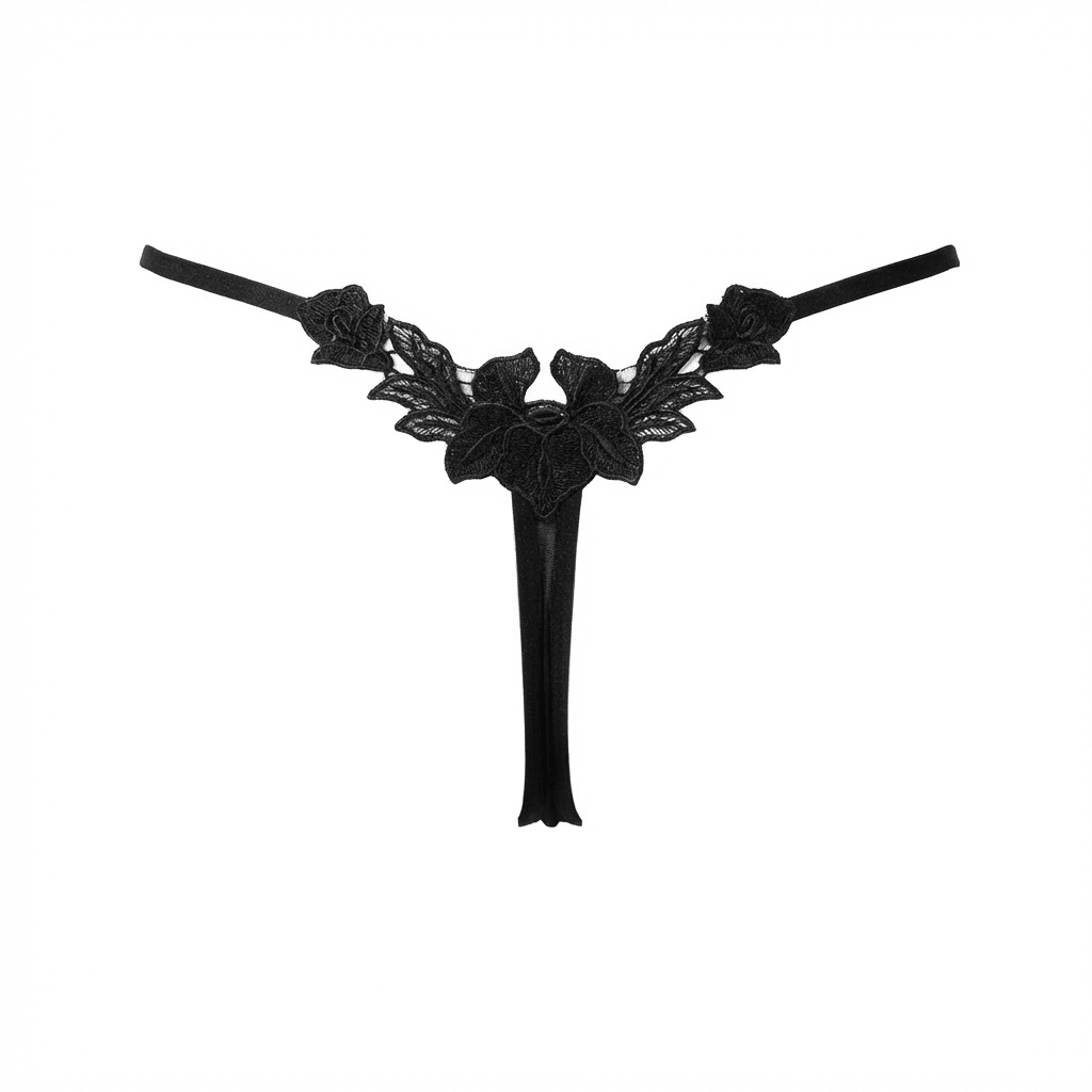 Black Lace Applique Brazilian G-String - MARELIA