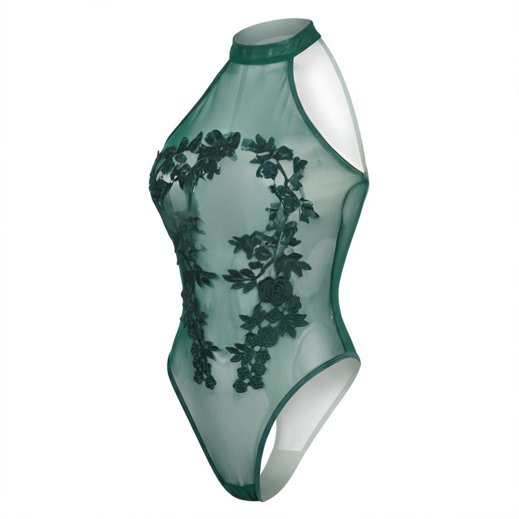 Green Lace Appliqué Halter Bodysuit With Back Cutout - Marelia