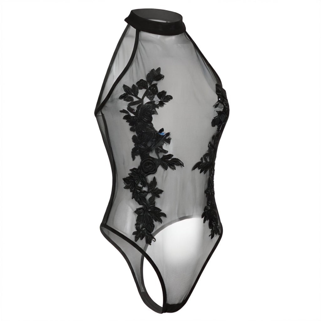 Black Lace Appliqué Halter Bodysuit With Back Cutout - Marelia