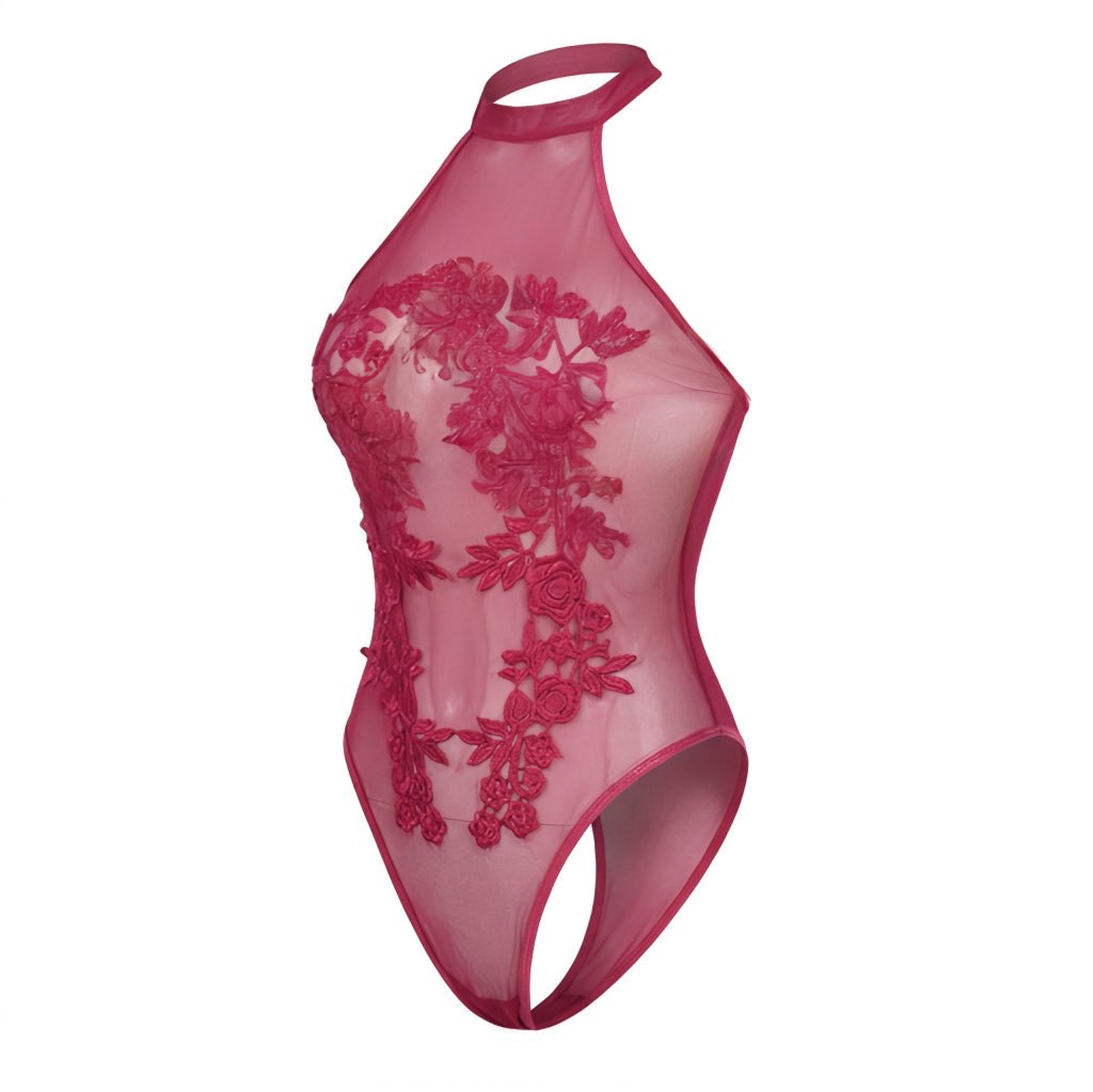 Deep Rose Lace Appliqué Halter Bodysuit With Back Cutout - Marelia