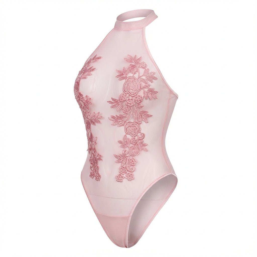 Pink Lace Appliqué Halter Bodysuit With Back Cutout - Marelia