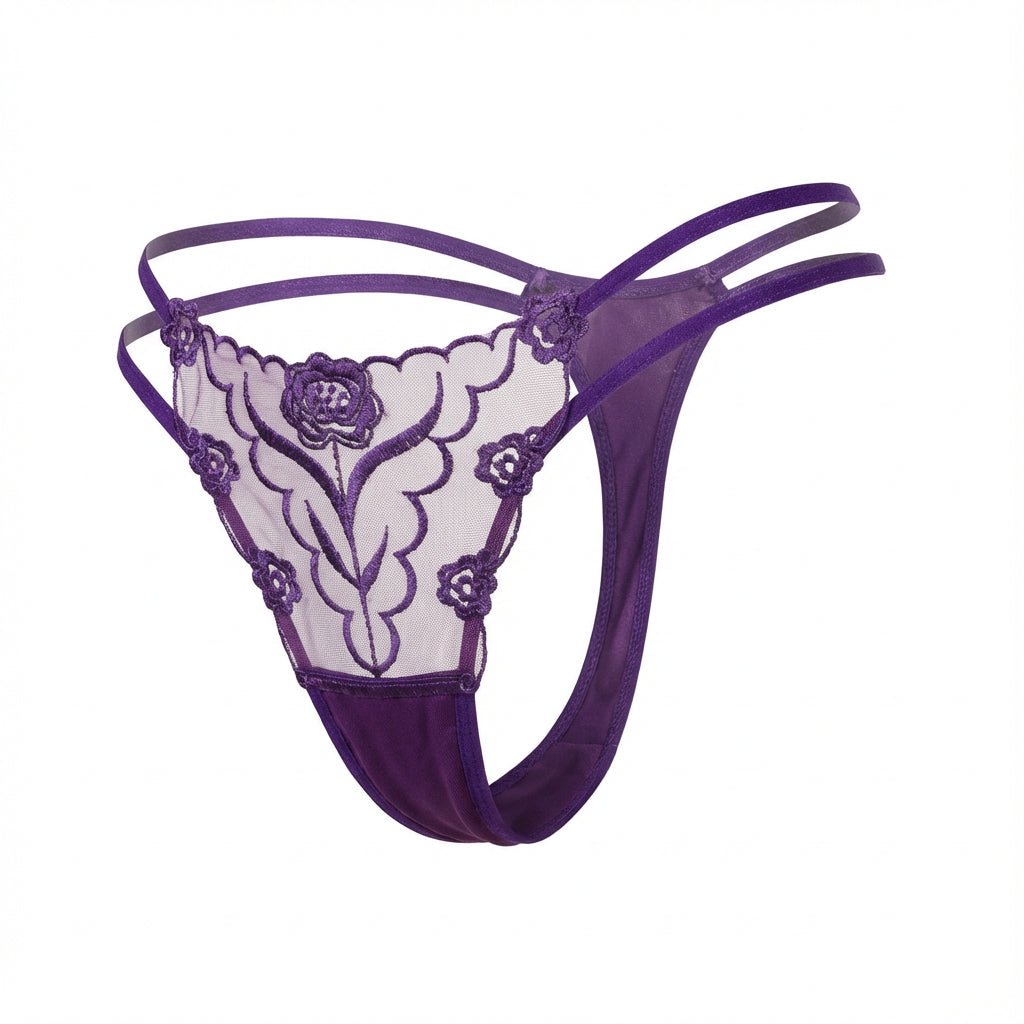 Purple Lace Appliqué Strappy Waist Thong - Marelia