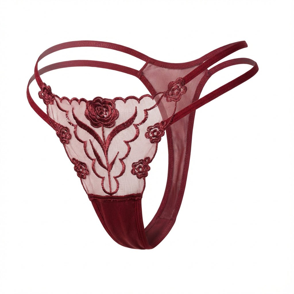 Burgundy Lace Appliqué Strappy Waist Thong - Marelia