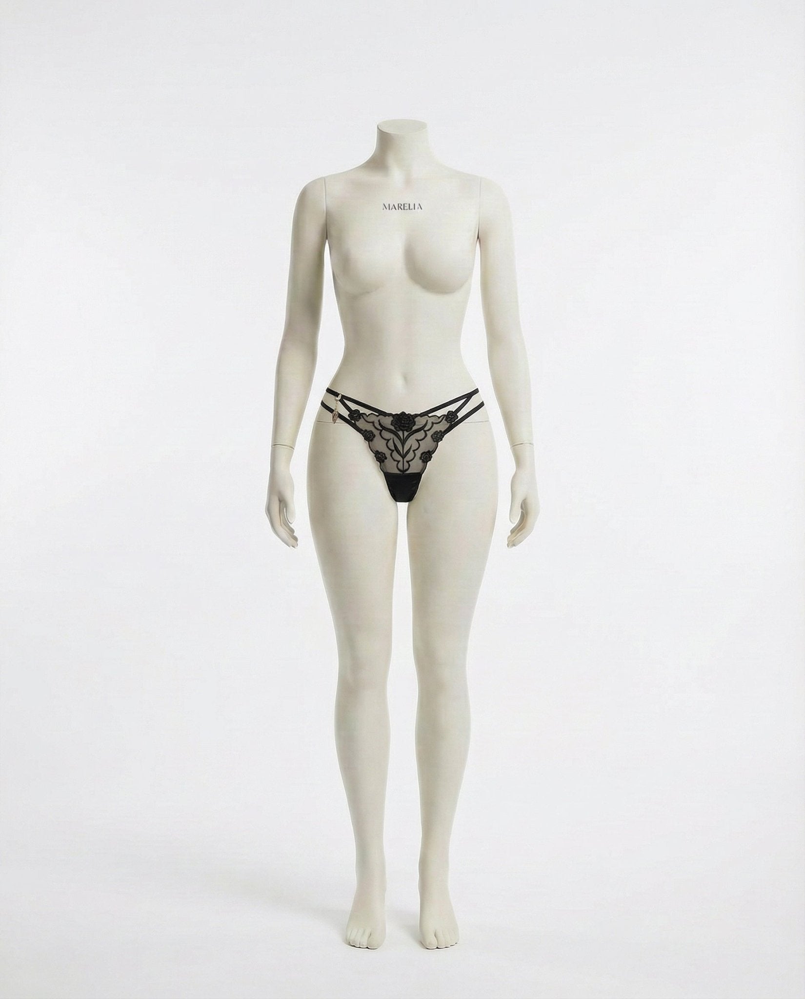 Black Lace Appliqué Strappy Waist Thong - Marelia