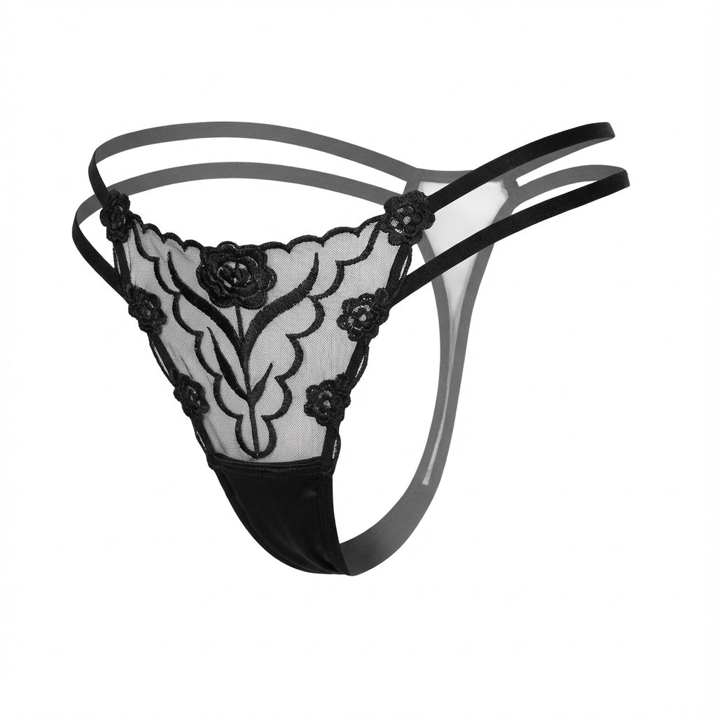 Black Lace Appliqué Strappy Waist Thong - Marelia
