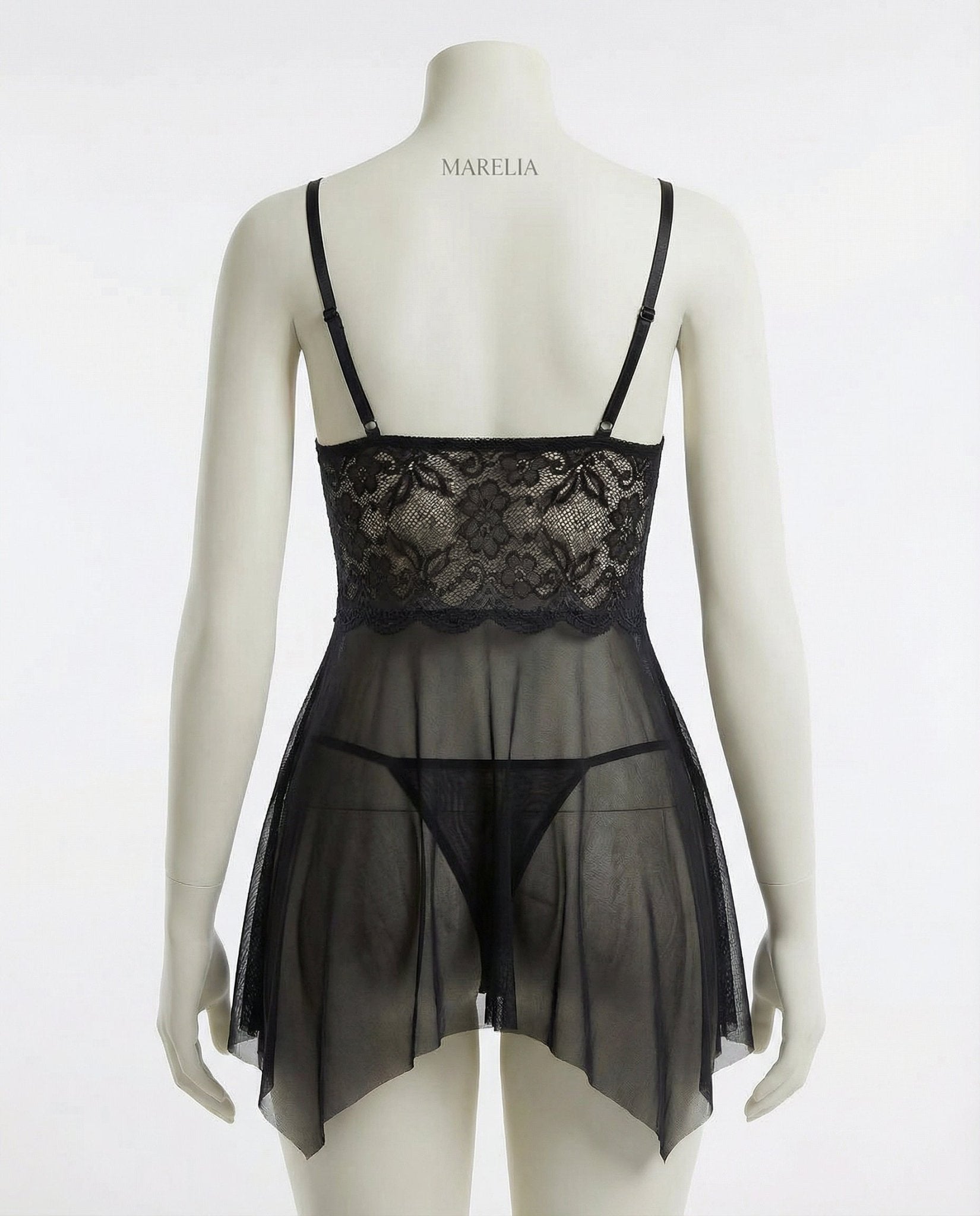 Black Lace Babydoll With Strappy Cutout Detail And Mesh Skirt - Marelia