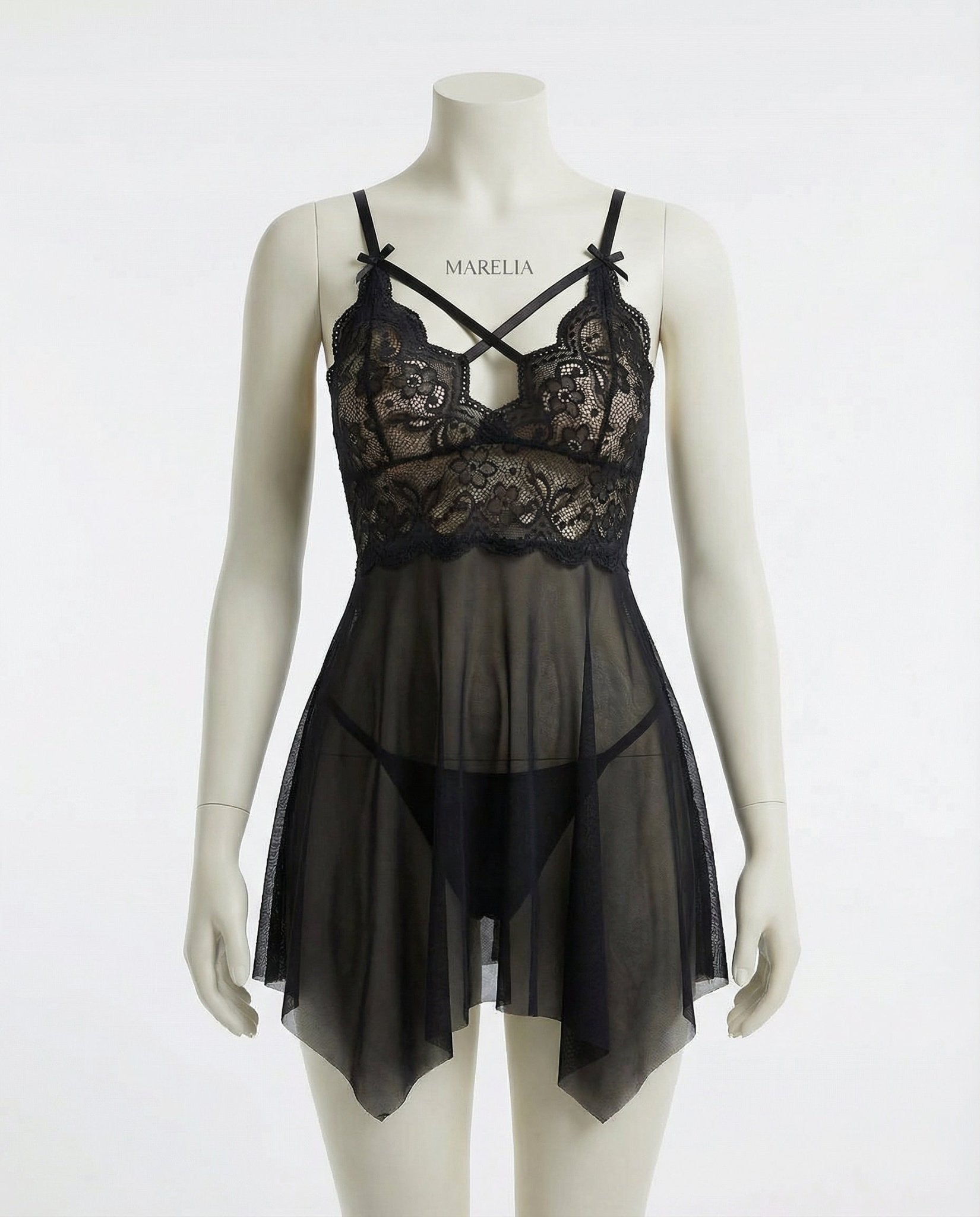 Black Lace Babydoll With Strappy Cutout Detail And Mesh Skirt - Marelia