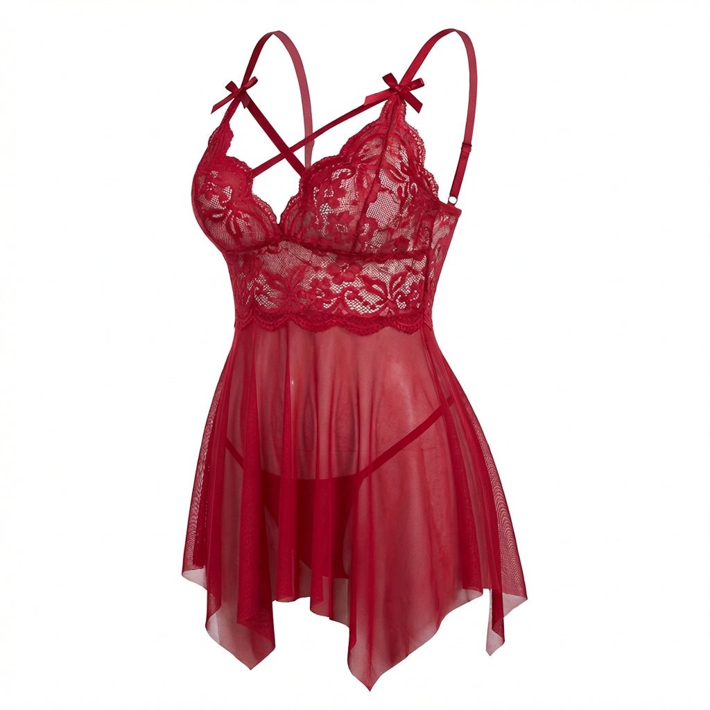 Burgundy Lace Babydoll With Strappy Cutout Detail And Mesh Skirt - Marelia