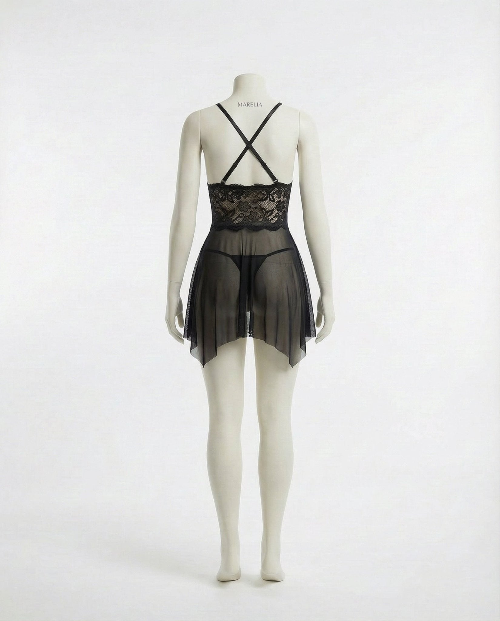 Black Lace Babydoll With Strappy Cutout Detail And Mesh Skirt - Marelia